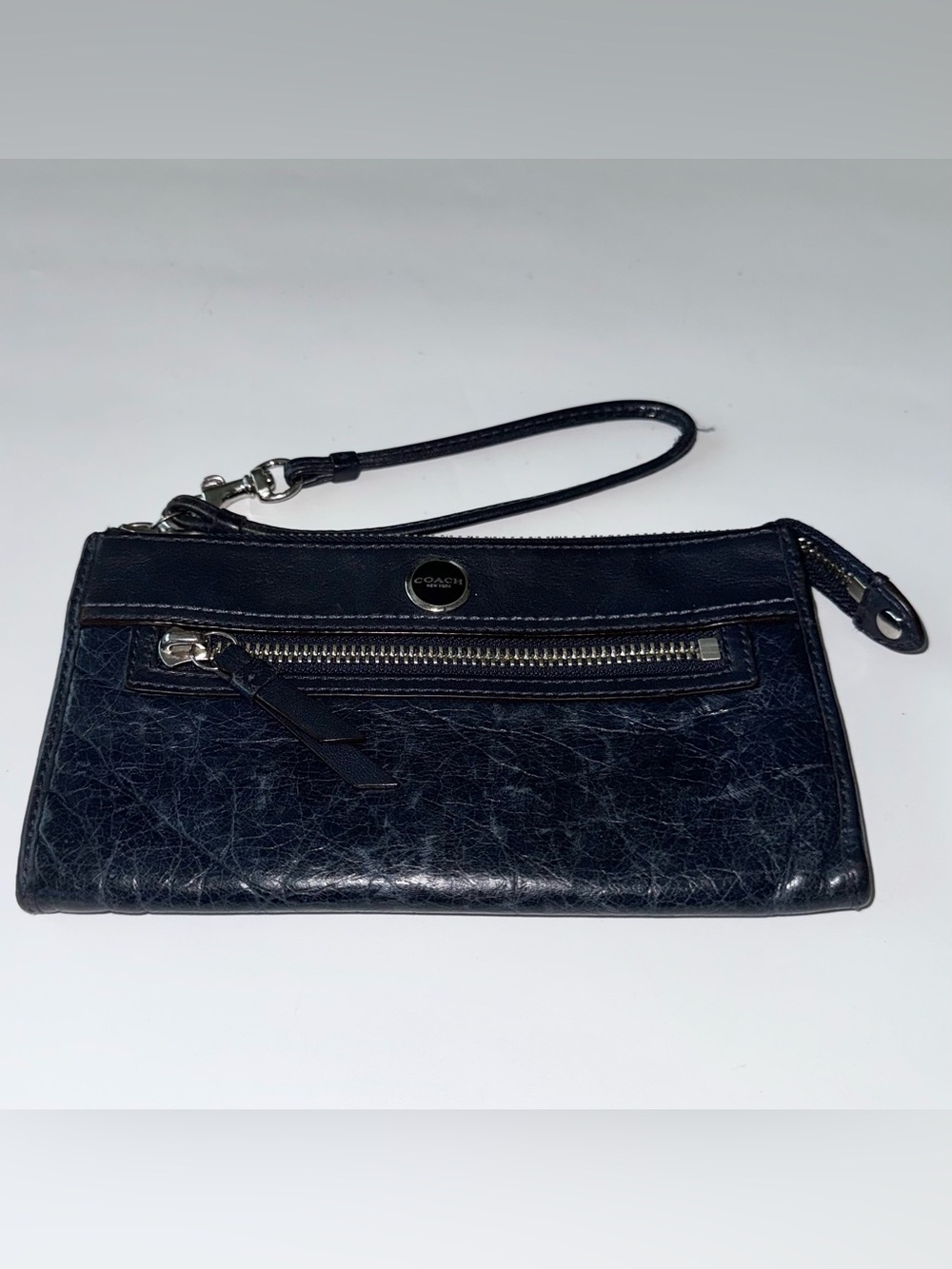 Vintage Coach Legacy Navy Blue Leather Wristlet Wallet with Signature Stripe